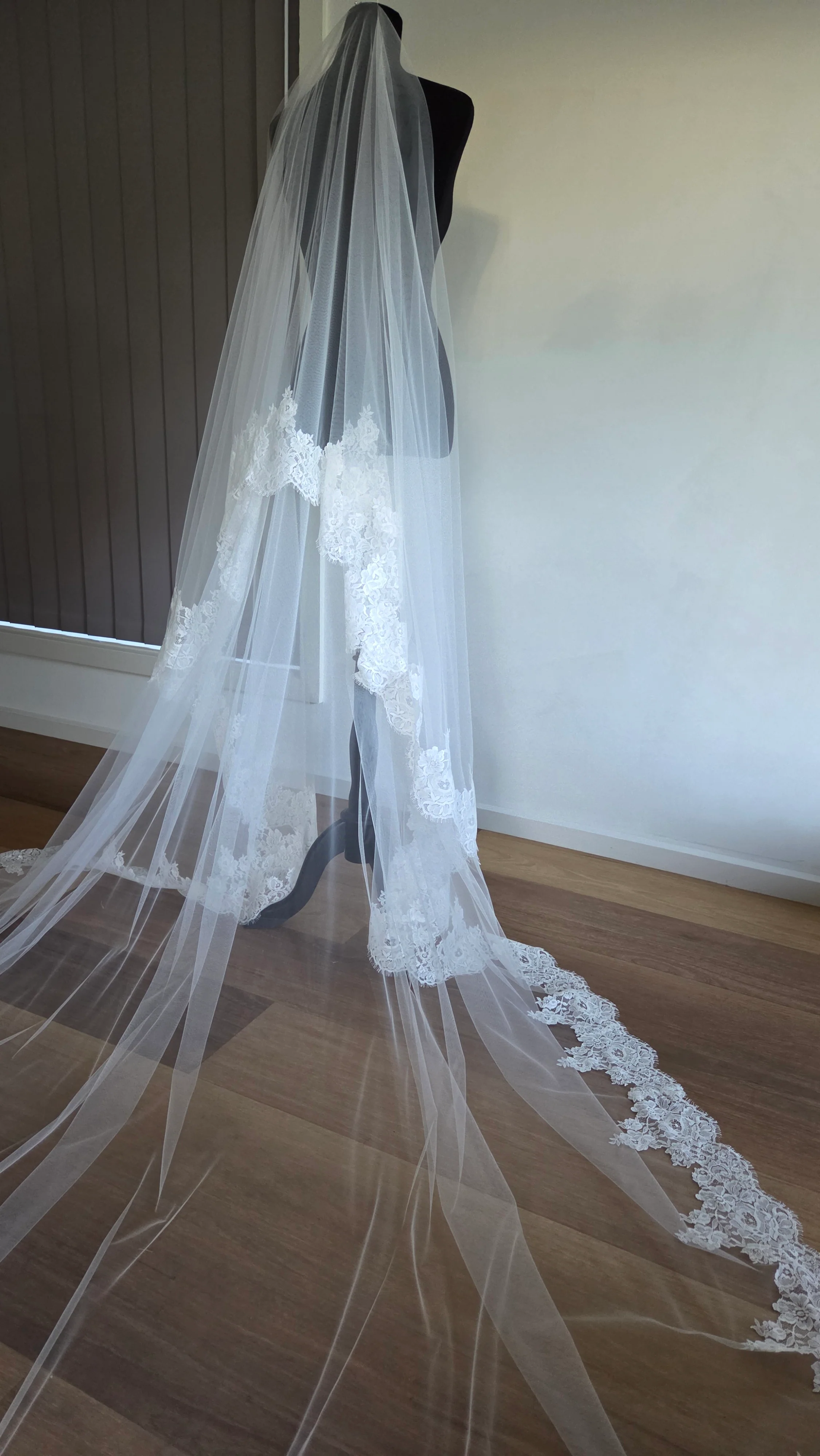 French lace Cathedral Wedding Veil with Blusher, unique and statement thick lace trim- Rosa - Studio 3 Twenty One LLC